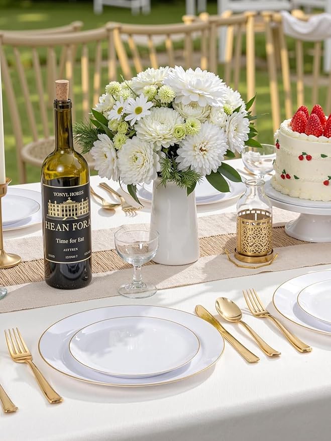 WDF 300Pcs White and Gold Plastic Plates - Gold Plates Disposable - 50 Guest Disposable Dinnerware Include 50 Dinner Plate 50 Dessert Plate 50 Cutlery 50 9oz Cups for Wedding/Birthday/Party