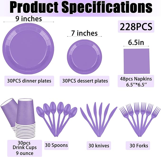 228PCS Lavender Party Supplies Set Include Paper Plates Cups Paper Napkins Plastic Spoons Forks Knives for 30 Guests Disposable Party Dinnerware for Birthday Wedding Family Picnic