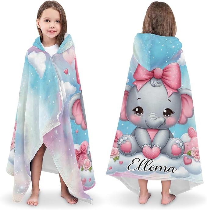 Galaxy Pink Elephant Personalized Kids Hooded Towel with Name Soft Absorbent Beach Pool Bath Towels Hood Poncho for Boys Girls