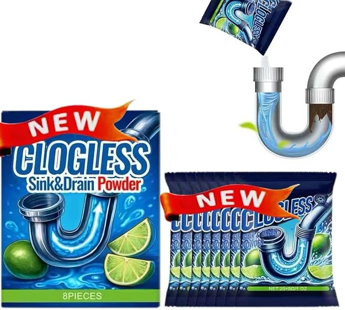 Clogless Sink Drain Powder – Pipe Unblocking & Sewer Cleaning Solution for Kitchen, Bathroom & Laundry Drains, Odor Reduction & Easy-to-Use Powder, 8-Pack