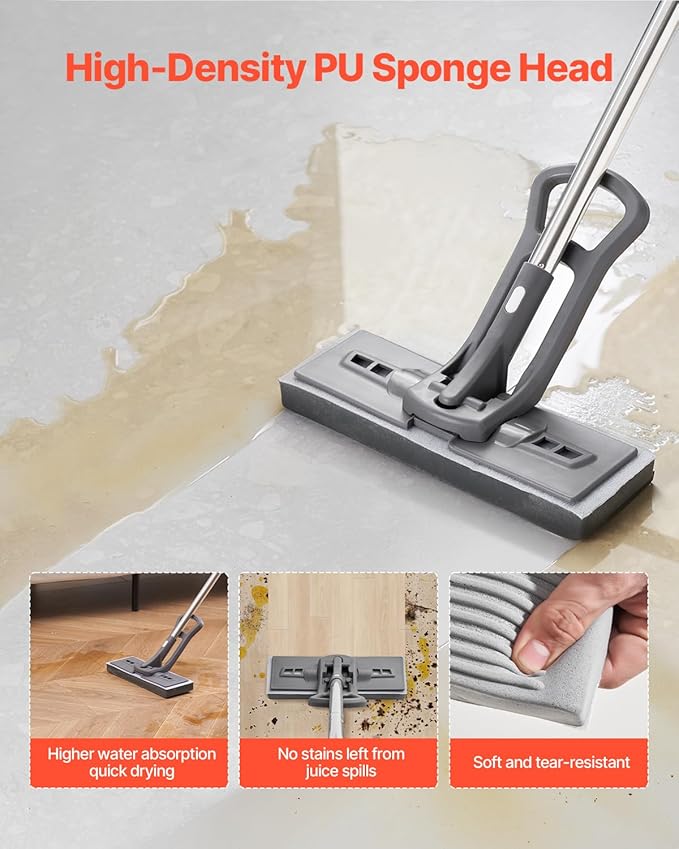 VEVOR Sponge Mop, High-Density PU Sponge Mop with 1 Pcs Sponge Mop Replacement, Easy to Squeeze Sponge Mop with Hook & Loop for Head Change, Fit for Various Floors’ Cleaning