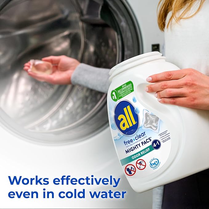 all Unit Dose Laundry Detergent, Mighty Pacs, Free Clear, Odor Relief, 72 Count