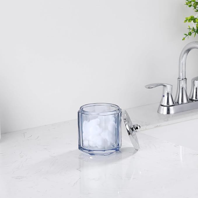 Light Blue Translucent Apothecary Octagional Shaped Glass Canister Jar With Metal Lid Cover for Bathroom Organization, Cotton Balls, Q Tips, and Small Accessories, Bathroom Storage