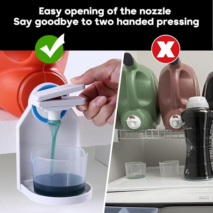 KMOUANTS 2 Pack Laundry Detergent Dispenser Cup Holder, Nozzle button upgrade，Easily No More runny or Messy Laundry Detergent, Laundry Cup Holder and drip Tray Room Organization and Storage