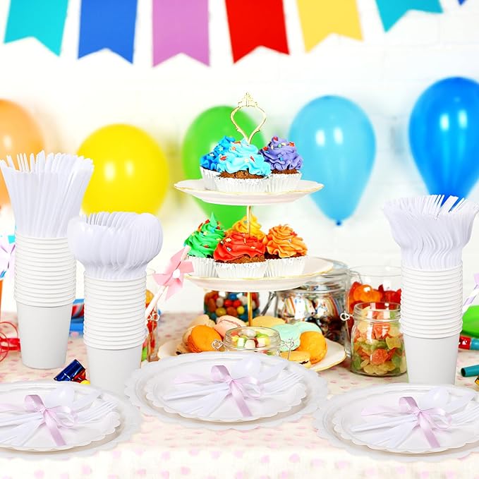 Ziliny 350 Pcs White Plates and Napkins, 50 Guest White Party Supplies Include Scalloped Paper Plates Napkins Cups Plastic Spoons Forks Knives Disposable Tableware Set for Weeding Bridal Baby Shower