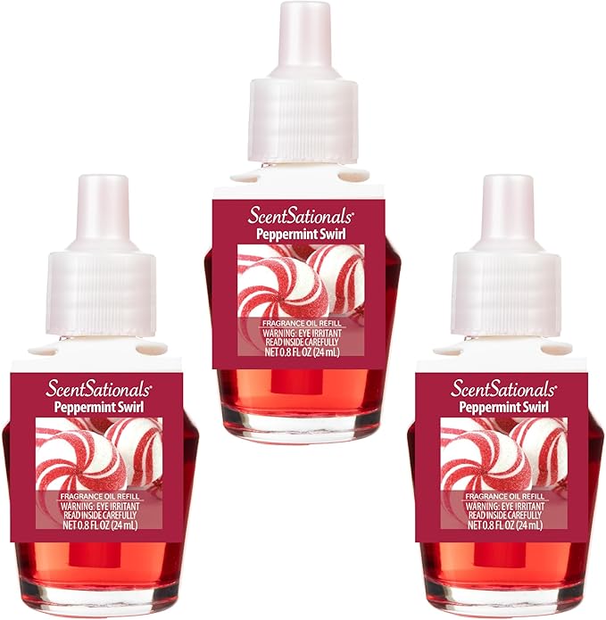 ScentSationals Peppermint Swirl Fragrance Oil Plug In Air Freshener Refills 3-Pack - Works with Scentsationals Wall Plugs, Long-Lasting Home Fragrance, 0.8 fl oz Each, Packaging May Vary