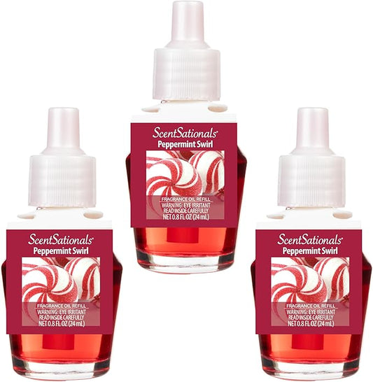 ScentSationals Peppermint Swirl Fragrance Oil Plug In Air Freshener Refills 3-Pack - Works with Scentsationals Wall Plugs, Long-Lasting Home Fragrance, 0.8 fl oz Each, Packaging May Vary