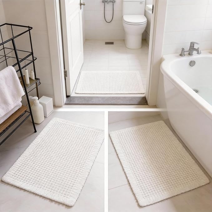 Waffle Bathroom Rugs, Large Non Slip Absorbent Waffle Knit Bath Mat for Shower Floor, Tub and Bathroom Door, Ultra Soft Quick Dry, Cream White, 24"x36"
