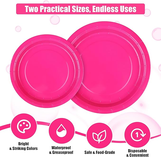 Kochorie 350 Pieces Hot Pink Dinnerware Set, 7 & 9 inch Dessert Paper Plates Cups Napkins Plastic Cutlery Disposable Party Supplies for Birthday Baby Shower Wedding, Serve 50 Guests