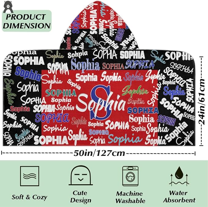 Personalized Hooded Towel Kids Beach Towels Name Custom Baby Toddlers Cotton Wrap Changing Robe for Shower Beach Trip Pool Bathrobe, Black and Red Color