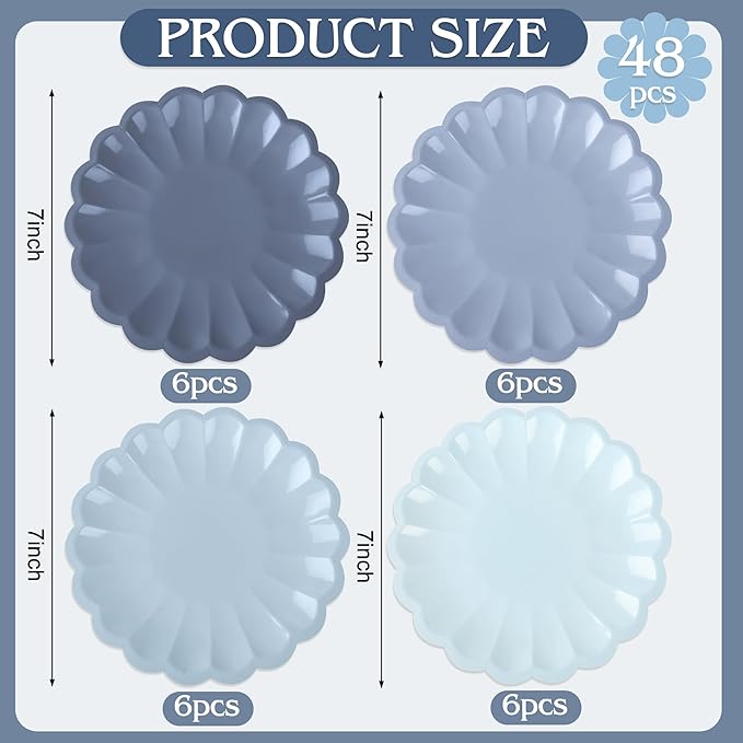 AimFun 48 Pcs Dusty Blue Paper Plates 7.5 Inch Scalloped Disposable Plates Gradient Blue Dessert Plates for Birthday Wedding Baby Shower Bridal Bachelorette Party Supplies Table Decor