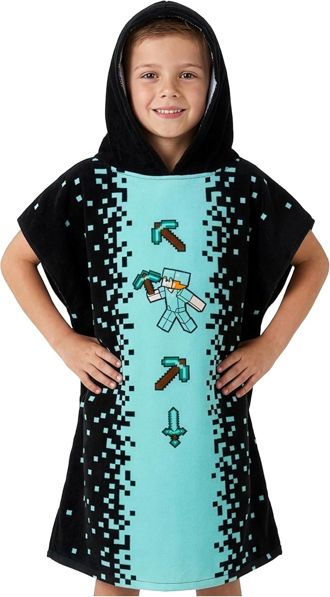 Minecraft Towelling Poncho Kids Teens Hooded Bath Towels Absorbent Beach Towel (Black/Blue, 6-9 Years)