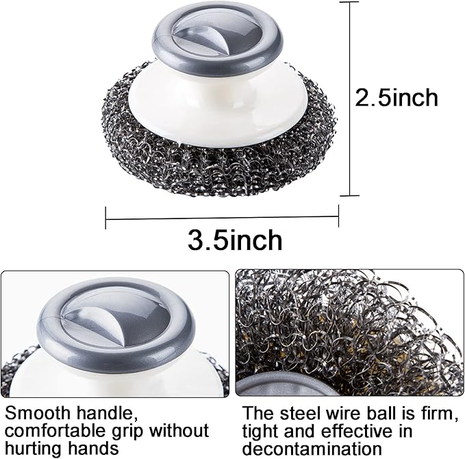 Stainless Steel Wool Scrubber with Handle, Heavy Duty Pot & Dish Scrubber Cleaning Brush Wash for Dish, Stainless Steel Scrubbing Brushes Cleaning Supplies for Pots, Pans, Grills, Sink (3)