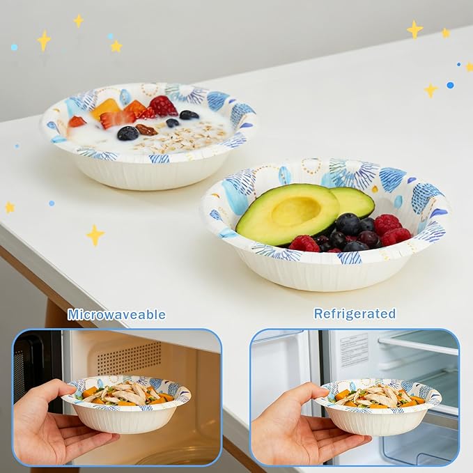 30 Pack Paper Bowls, 8 Oz Disposable Soup Bowl, Heavy Duty Printed Disposable Bowls Bulk For Snacks, Dessert, Breakfast, Lunch And Dinner Meals (Blue)