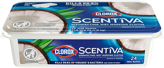 Clorox Scentiva Disinfecting Wet Mop Pad, Disposable Mop Heads, Coconut and Waterlily, 2 Packs, 24 Wet Refills Per Pack (Package May Vary)