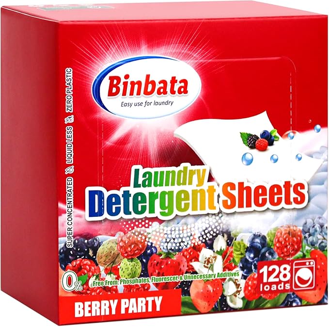 Binbata Laundry Detergent Sheets, Up To 128 Loads Berry Scent Hypoallergenic Eco-Friendly, Biodegradable Plastic Free Liquidless Laundry Sheets Suitable for Sensitive Skin