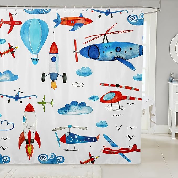 Aircraft Bath Curtain Children Kids Colorful Cartoon Airplane Cloth Fabric Bathroom Decor Nursery Helicopter Flying Plane Shower Curtain Toddler Room Decor Travel Shower Curtain with Hooks 72x72 Inch