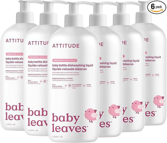 ATTITUDE Baby Bottle & Dish Soap, EWG Verified Bottle Cleaner, Fragrance Free & Dye Free, Removes Milk Residue & Grease, Vegan, Unscented, 33.8 Fl Oz (Pack of 6)