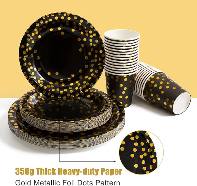 HOMIX Black and Gold Party Supplies 175 Pieces Disposable Black Paper Plates Napkins Cups, Gold Plastic Forks Knives Spoons for Graduation, Birthday, Cocktail Party Serves 25