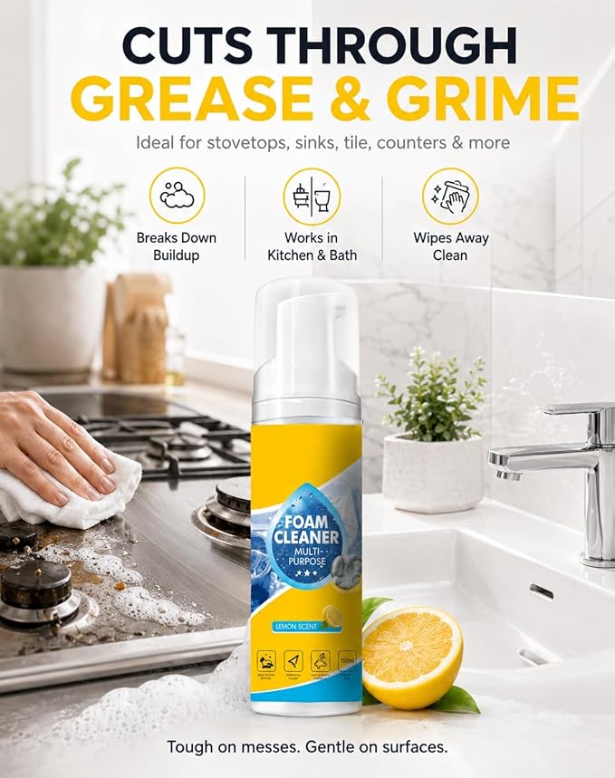 Foam Cleaner All Purpose, 4-in-1 Multi-Enzyme No-Rinse Deep Cleaning Spray for Car Interior, Kitchen Grease, Bathroom Tiles, Sofa Upholstery, Multi-Surface Home & Auto Cleaner (1)