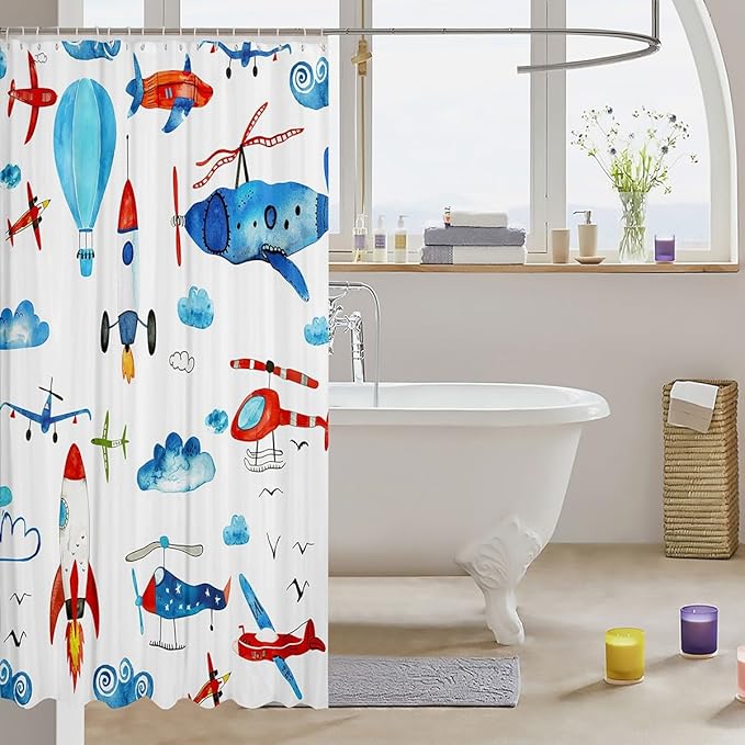 Aircraft Bath Curtain Children Kids Colorful Cartoon Airplane Cloth Fabric Bathroom Decor Nursery Helicopter Flying Plane Shower Curtain Toddler Room Decor Travel Shower Curtain with Hooks 72x72 Inch