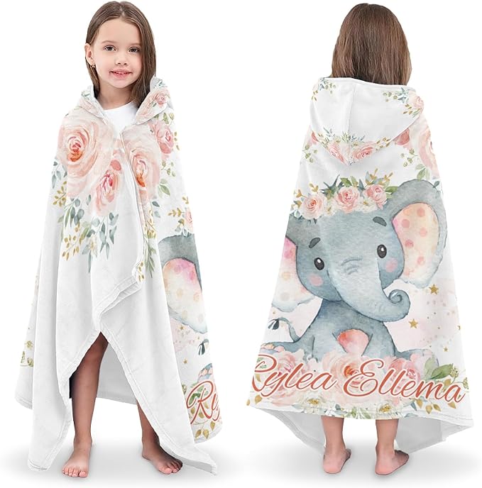 Girl Elephant Floral Personalized Kids Hooded Towel with Name Soft Absorbent Beach Pool Bath Towels Hood Poncho for Boys Girls