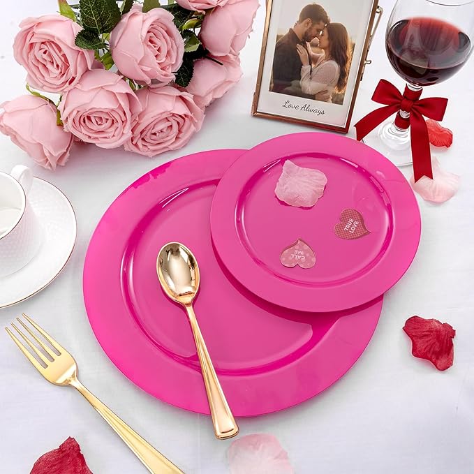 FLOWERCAT 60PCS Hot Pink Disposable Party Plates Set – 30 pcs 10.25″ Dinner Plates & 30 pcs 7.5″ Dessert Plates for Spring Parties, Valentine’s Day, Wedding – Sturdy & Stylish Tableware