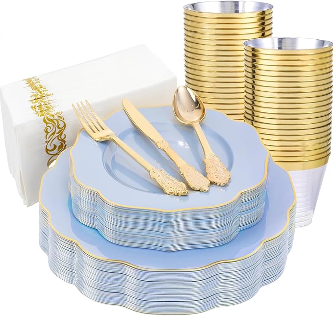 NOCCUR 175PCS Blue Plastic Plates with Gold Disposable Silverware - Include 50 Light Blue and Gold Plastic Plates,25 Knives,25 Forks,25 Spoons,25 Cups and 25 Napkins - Easter Day/Spring Party