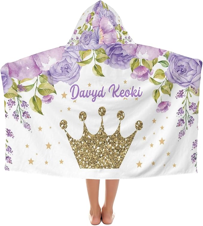 Purple Crown Floral Personalized Kids Hooded Towel with Name Soft Absorbent Beach Pool Bath Towels Hood Poncho for Boys Girls