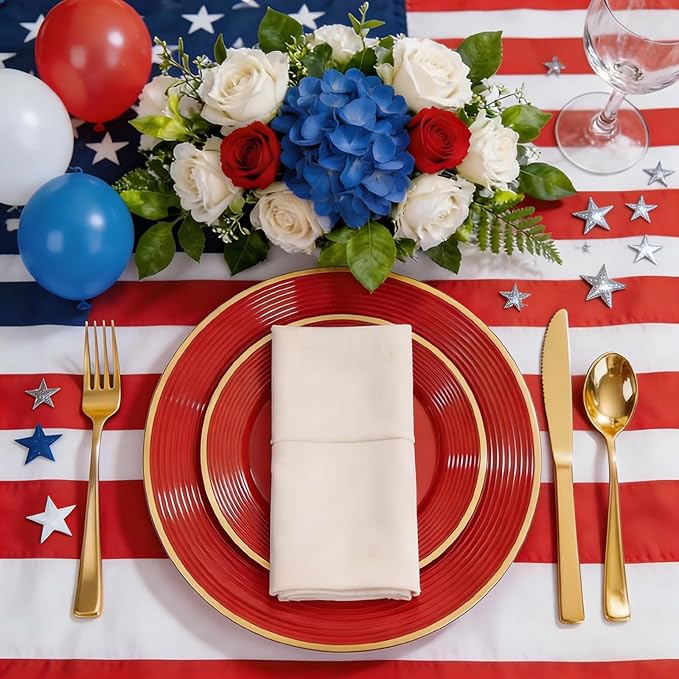 Liacere 100PCS Red Plastic Plates - Heavy Duty Disposable Plates - Red and Gold Plate 100PCS Dinner/Dessert Plate for Party & Graduation & Independence Day & Memorial day