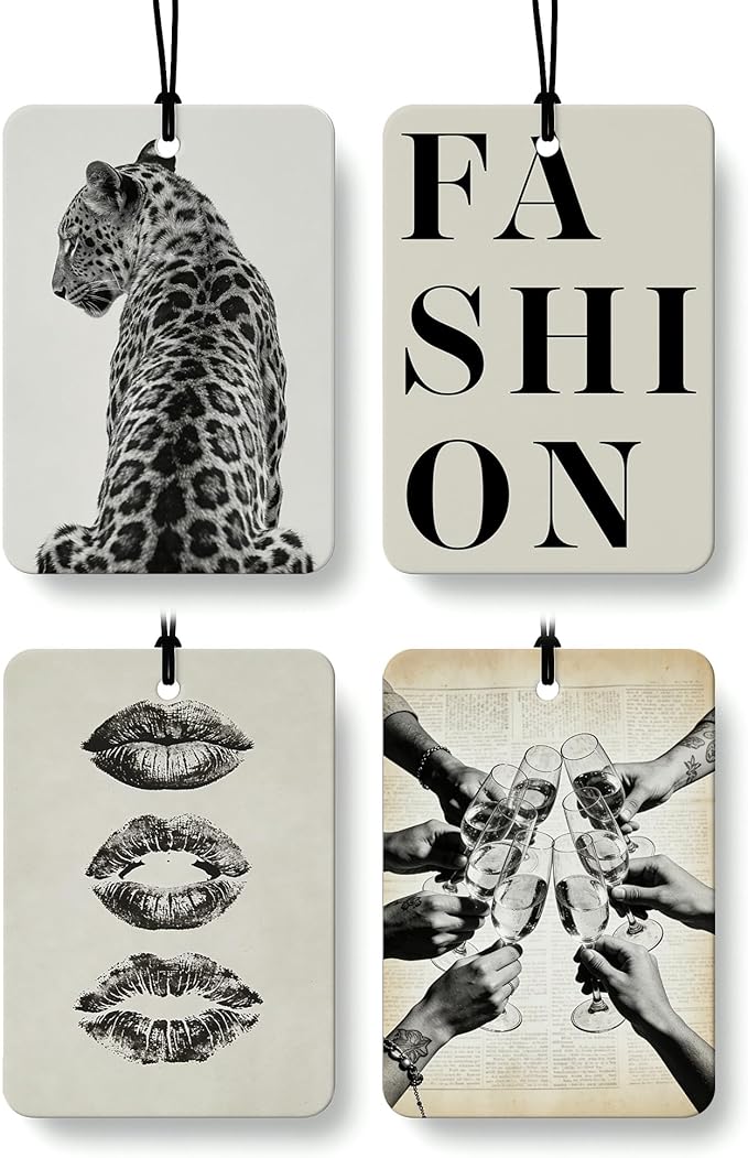 Retro Fashion Leopard Orange Citrus Car Air Freshener 4pcs, Eclectic Maximalist Champagne Cheers Sexy Lips Hanging Scents Car Accessories Interior Mirror Decor for Women Girls