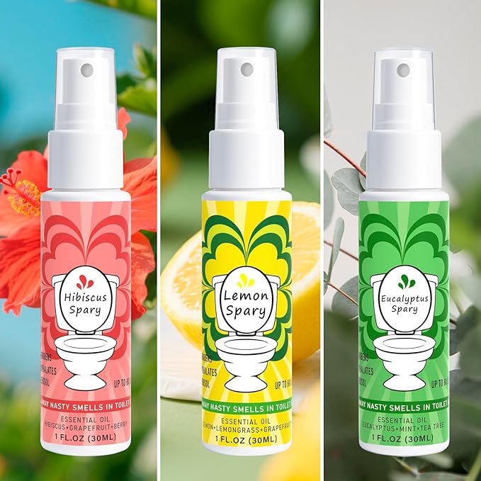 Toilet Spray for Poop 3 Pack, Travel Size Variety, Bathroom Odor Eliminator - Lemon Eucalyptus Hibiscus