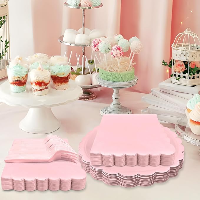 Pink Paper Plates and Napkins,7 Inch Pink Scalloped Disposable Dessert Plates Paper Napkin Fork Party Supplies for Mothers Day Wedding Baby Shower Birthday(25 Guest)