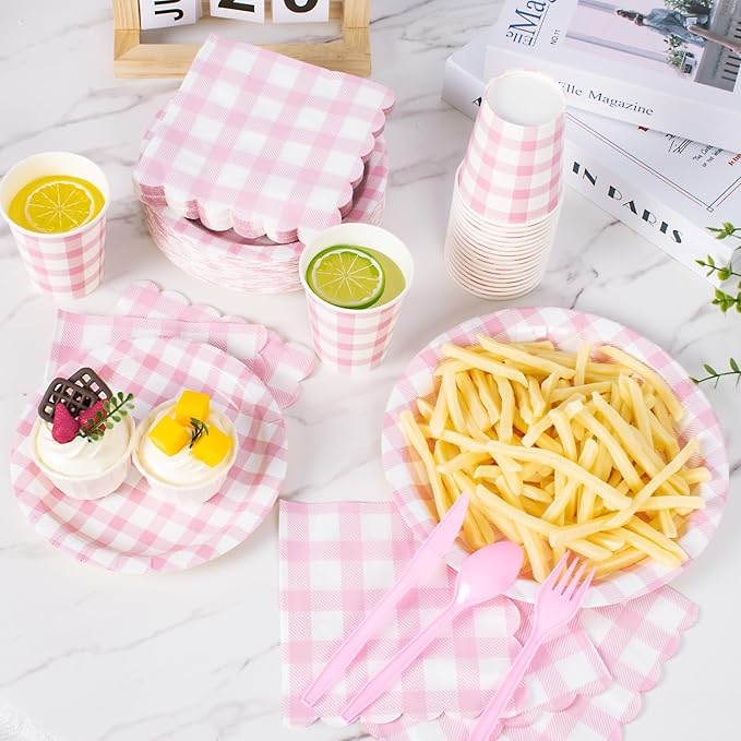 Vyntra 175 Pcs Pink & White Checkered Gingham Paper Plates and Napkins Set for 25, 9" Dinner Plates & 7" Dessert Plate, Baby Girl Shower Bridal Shower Birthday Party, Valentine’s Day