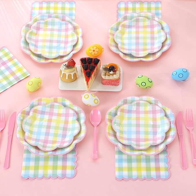 175 Pcs Easter Checkered Plates and Napkins Party Supplies - Easter Paper Plates Sets Serve 25 Guests - Spring Pink Blue Yellow Pastel Plaid Plate for Picnic Easter Birthday Party Decorations