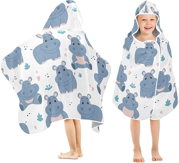 susiyo Kids Hooded Bath Towel Cute Hippos Beach Towel for Kids 23.5 x 50 Inch Microfiber Soft Absorbent Quick Dry Bath Swim Pool Towel Wrap Poncho Bathrobe with Hood for Kids Toddler