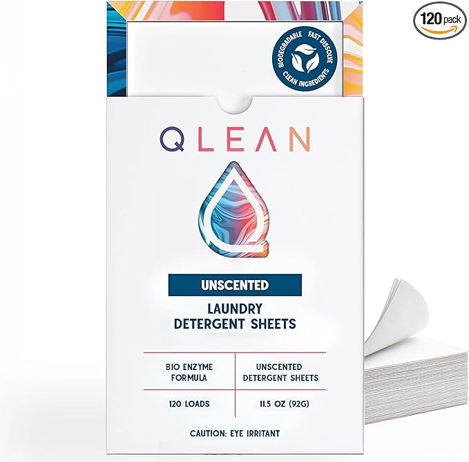 QLEAN Laundry Detergent Sheets Unscented (120 Loads) – Fragrance-Free Plant-Based Laundry Sheets for Sensitive Skin & Babies, Hypoallergenic, HE Compatible, Biodegradable Eco Detergent Strips
