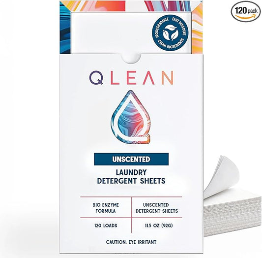 QLEAN Laundry Detergent Sheets Unscented (120 Loads) – Fragrance-Free Plant-Based Laundry Sheets for Sensitive Skin & Babies, Hypoallergenic, HE Compatible, Biodegradable Eco Detergent Strips