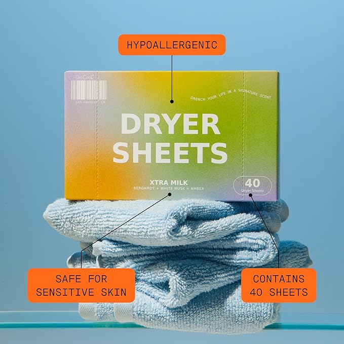 DedCool Dryer Sheets in Xtra Milk | 40 Count | Non-Toxic, Vegan Fabric Softener Sheets | Bergamot, Vanilla & Amber Scent | Softens & Freshens