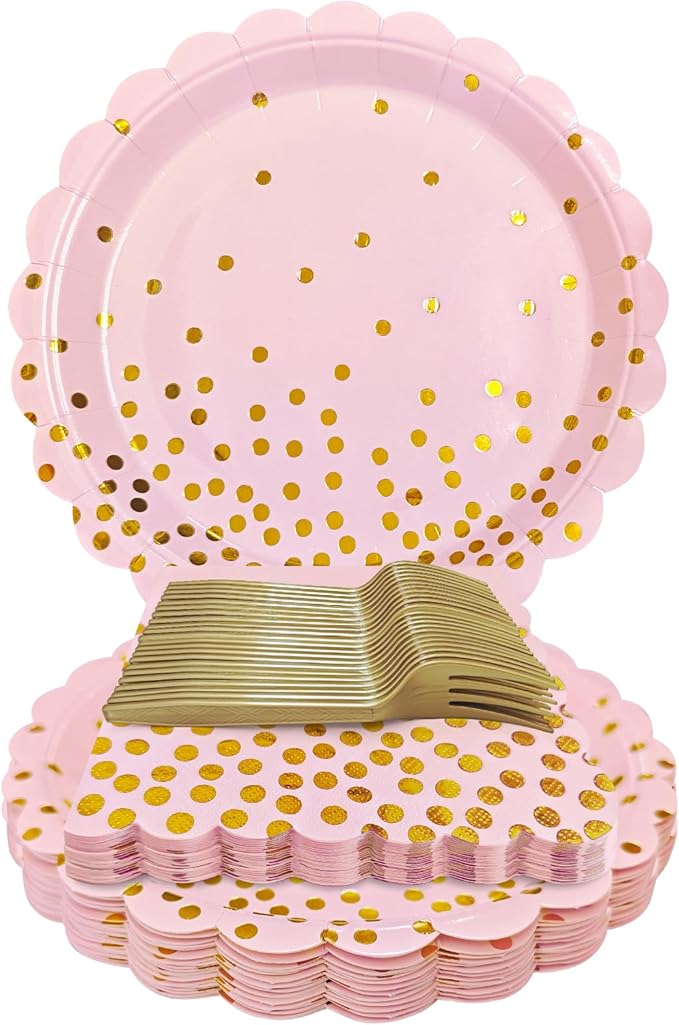 Pink and Gold Paper Plates and Napkins,7 Inch Pink and Gold Scalloped Disposable Dessert Plates Paper Napkin Fork Party Supplies for Wedding Baby Shower Birthday(25 Guest)
