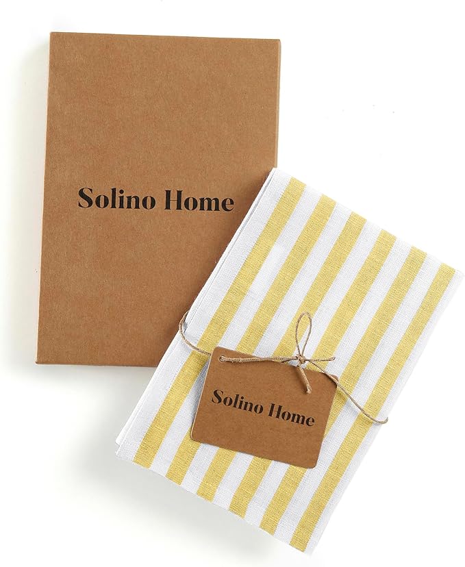Solino Home Primrose Yellow and White Linen Kitchen Towels Set of 2-100% Pure Linen Amalfi Stripe 17 x 26 Inch Tea Towels with Hanging Loop - European Flax Kitchen Dish Cloth - Machine Washable