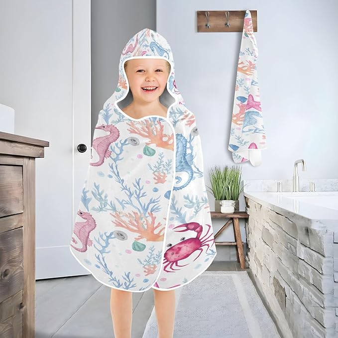 CEBUGI Starfish Hooded Bath Towel for Kids Absorbent Soft Bath Towel Wrap with Hood 50x23.5in Pool Beach Shower Towel for Boys Girls