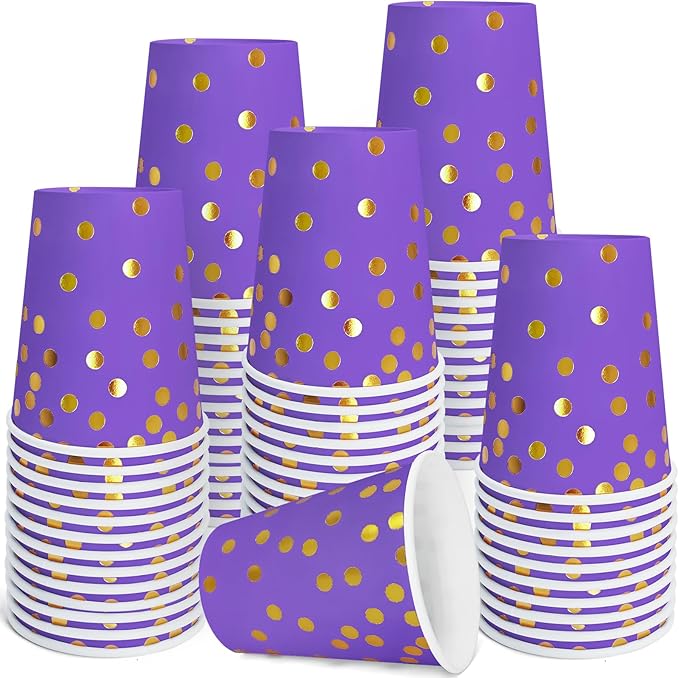 Purple and Gold Paper Cups,9 oz Purple and Gold Disposable Cups,Paper Cups for Birthday Wedding Party Supplies(50 Pcs)
