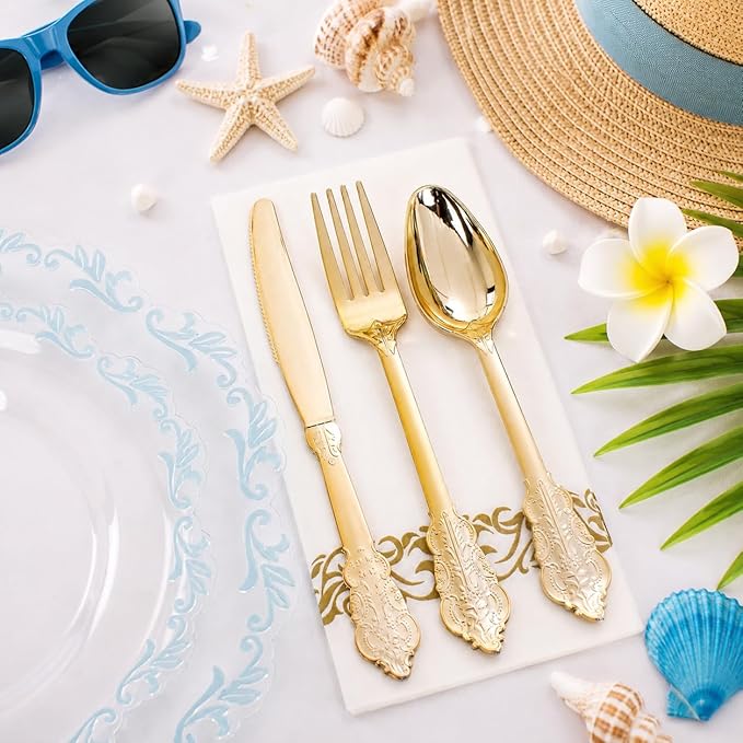 PULOTE 175-Piece Clear and Blue Plastic Plates - Blue Rim Disposable Dinnerware Set - Include 25 Dinner Plates, 25 Dessert Plates, 75 Cutlery, 25 Cups & 25 Napkins for Wedding and Parties