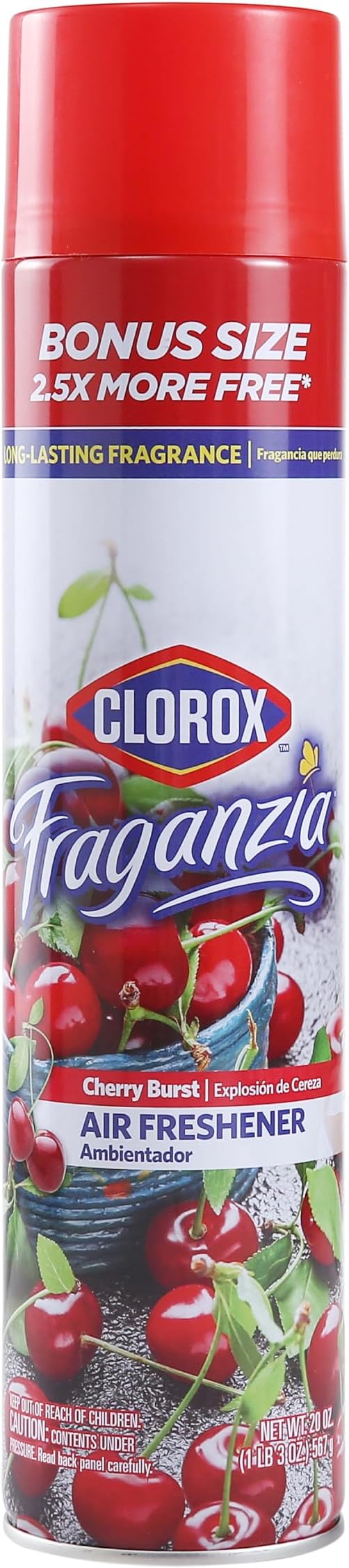 Clorox Fraganzia Aerosol Air Freshener Spray in Cherry Burst Scent - Long-Lasting Odor Eliminator and Room Freshener for Home, Bathroom, Bedroom, and Kitchen, 20 oz Bonus Size