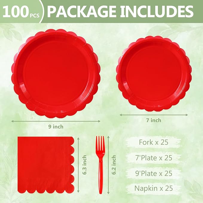 Mulbozy 100 Red Plates and Napkins Disposable Set Includes 25-9" & 25-7" Dessert Cake Scalloped Plates, Cocktail Napkins, Forks for for Holiday Party Supplies