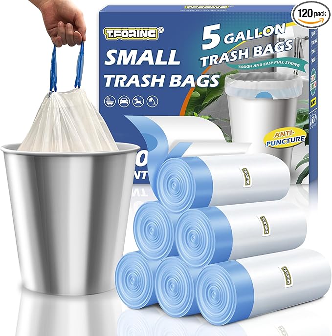 5 Gallon Trash Bags Drawstring 1.1 Mil - 120 Count 18 Liter Small Garbage Bags for Bathroom, Strong Unscented White Plastic Wastebasket Bin Liners for Kitchen Office Toilet and Bedroom