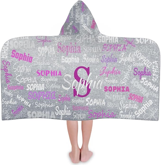 Personalized Hooded Bath Towel Wrap - Large Hooded Kids Towel Toddler Shower Pool Beach Towel Soft Plush Absorbent Quick Dry Towel, 24x50in, Name Ranked Silver Glitters Effect Print
