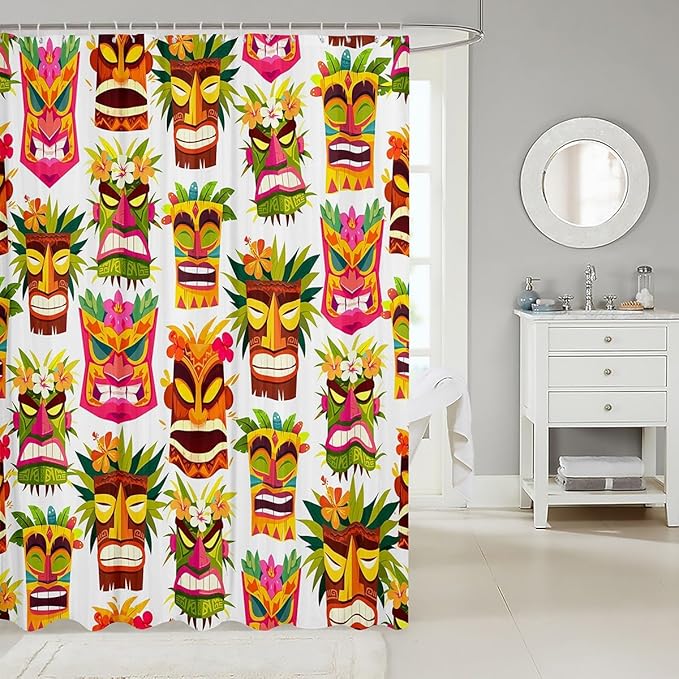 Tiki Bar Bathroom Shower Curtain Set Retro Inspired Shower Curtain Happy Hawaiian Party Bath Curtain for Kids Boys Girls Cute Colorful Tiki Pattern Waterproof Shower Curtain with Hooks 72x78 Inch