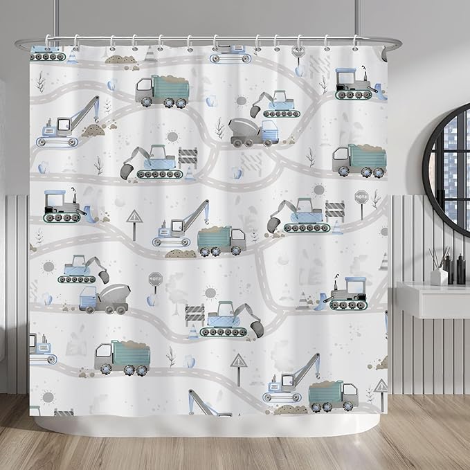 Excavator Kids Shower Curtain Sets Cartoon Construction Truck Tractor Car Bathroom Decor Fabric Polyester Waterproof 72x72 Inches with 12 Hooks for Boys Machinery Vehicle Bath Curtains